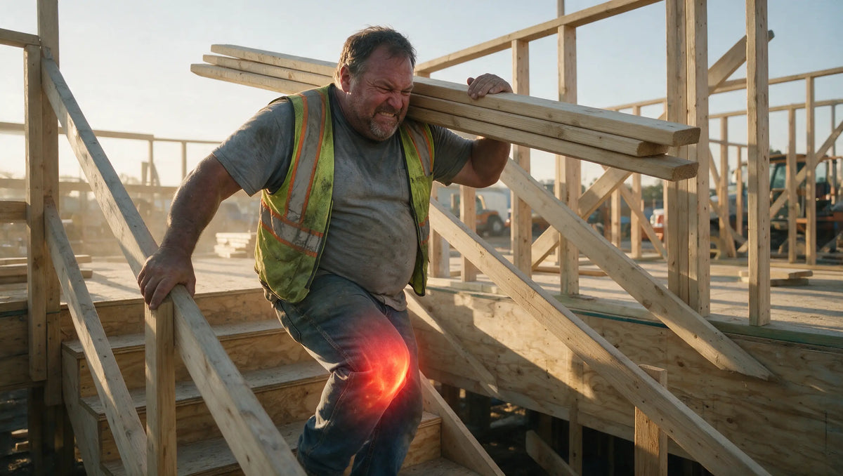 Heavier worker, 45–55, wincing going up site stairs carrying lumber. Gritty photoreal, dawn light.
