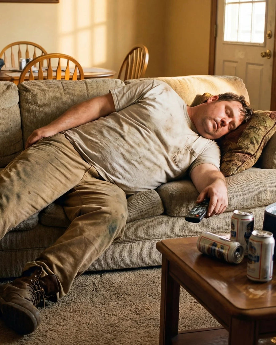 Worker asleep on the couch after a long shift